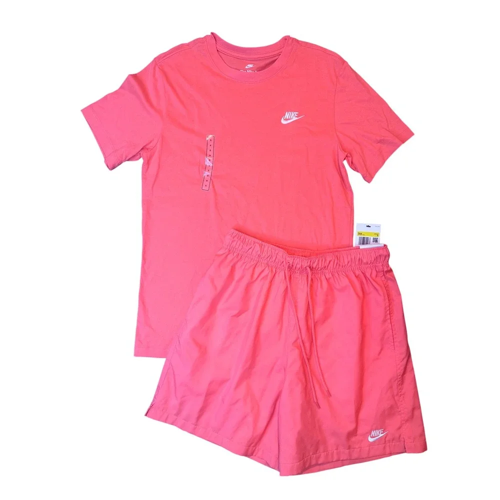 Nike Mens Sportswear Small T-Shirt Shorts Set Outfit Coral Orange Magic Ember